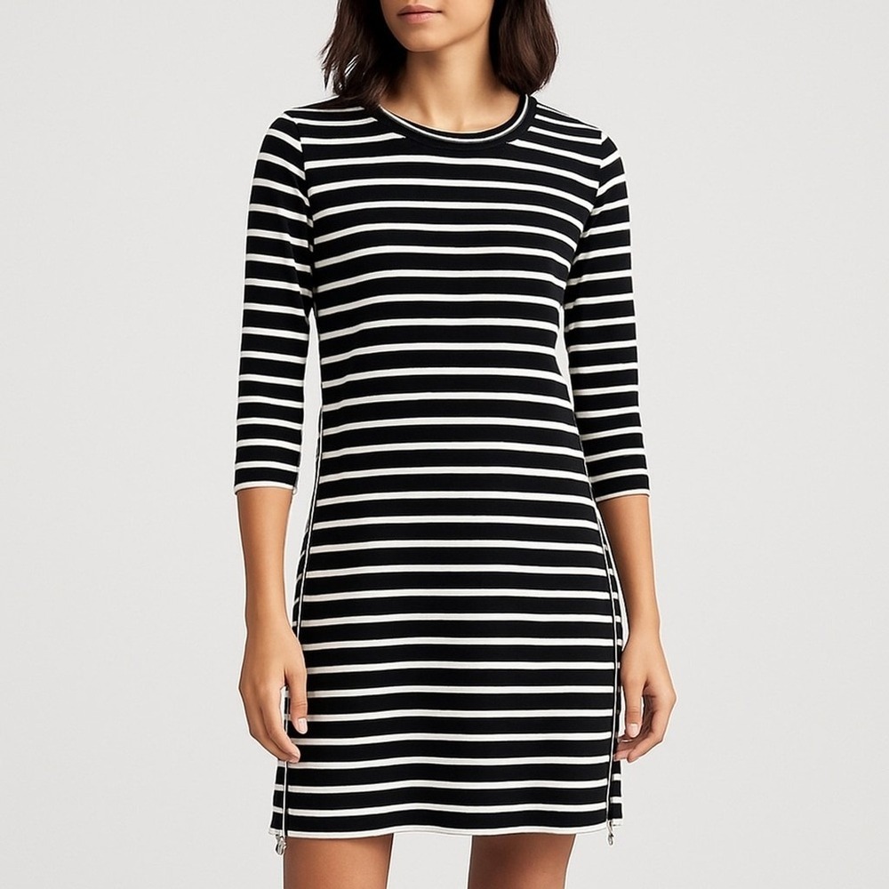 J Crew Black and White Striped Dress With Zipper Detail 100%‎ Cotton Size S EUC